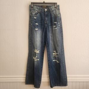 Indigo Rain Women's size 5 Skater High‎ Rise Wide Leg Distressed Jeans NWT